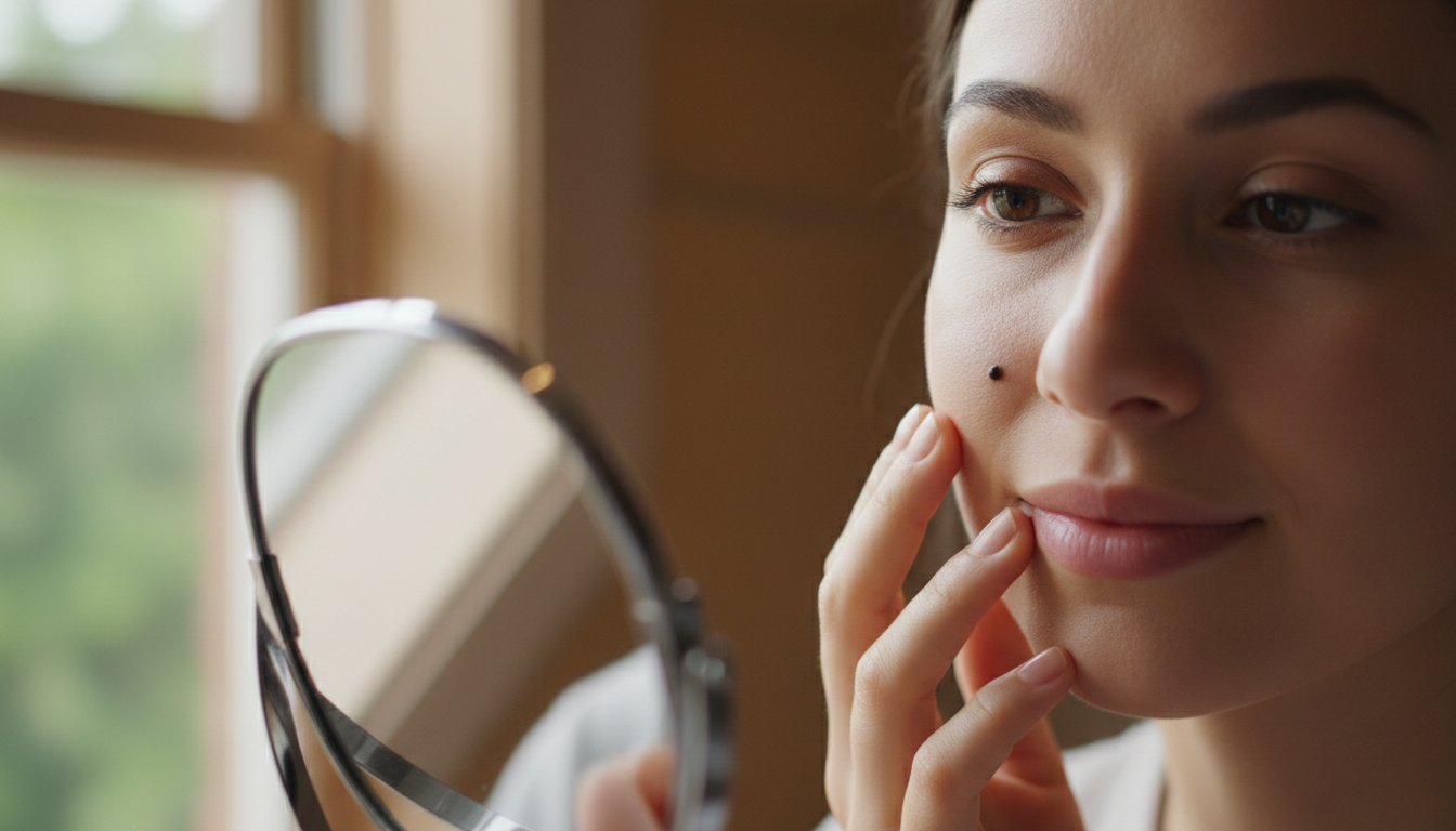 거울 앞에서 자신의 피부를 관찰하며 점을 확인하는 모습