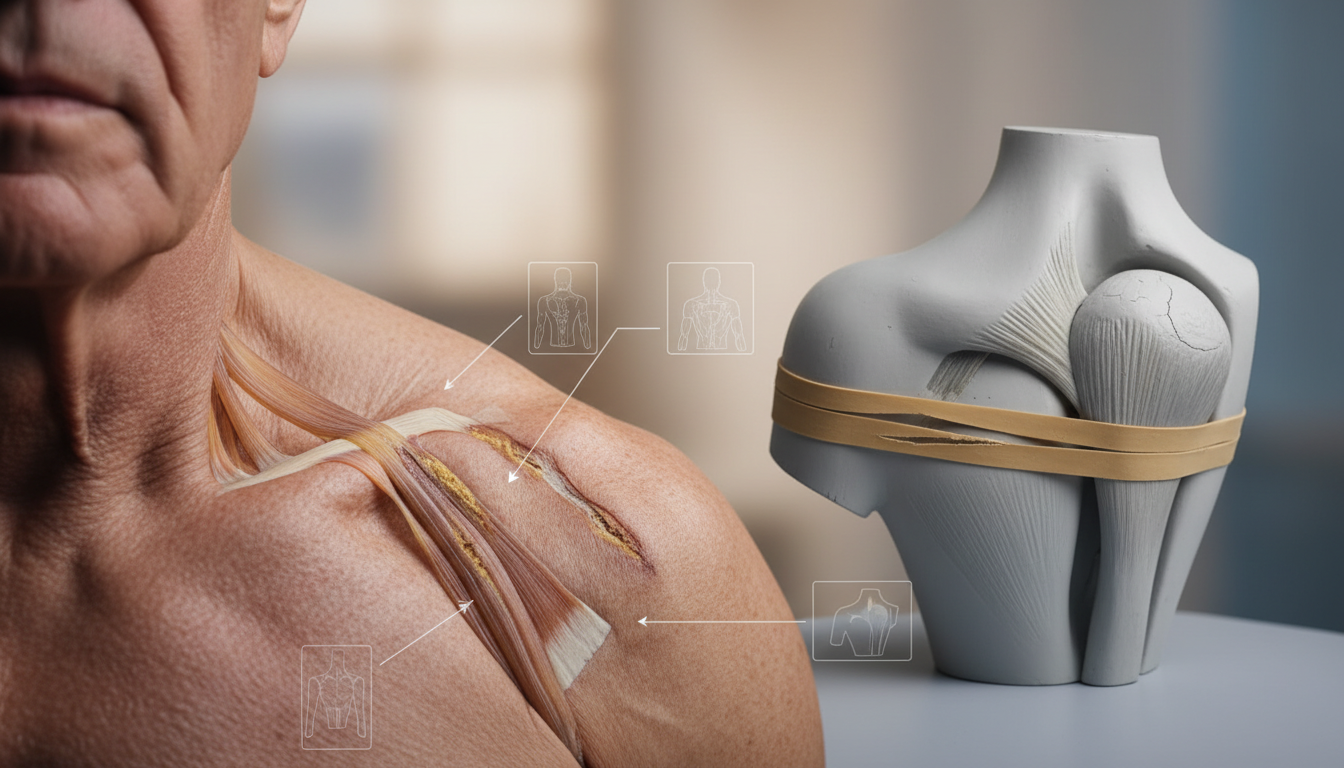 퇴행성 변화로 인해 힘줄이 약해진 노년 남성의 어깨 이미지
