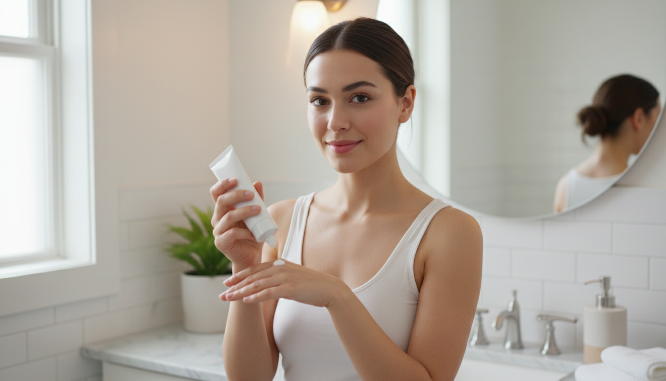 밝은 집 욕실에서 국소 크림을 바르는 자신감 있는 젊은 여성