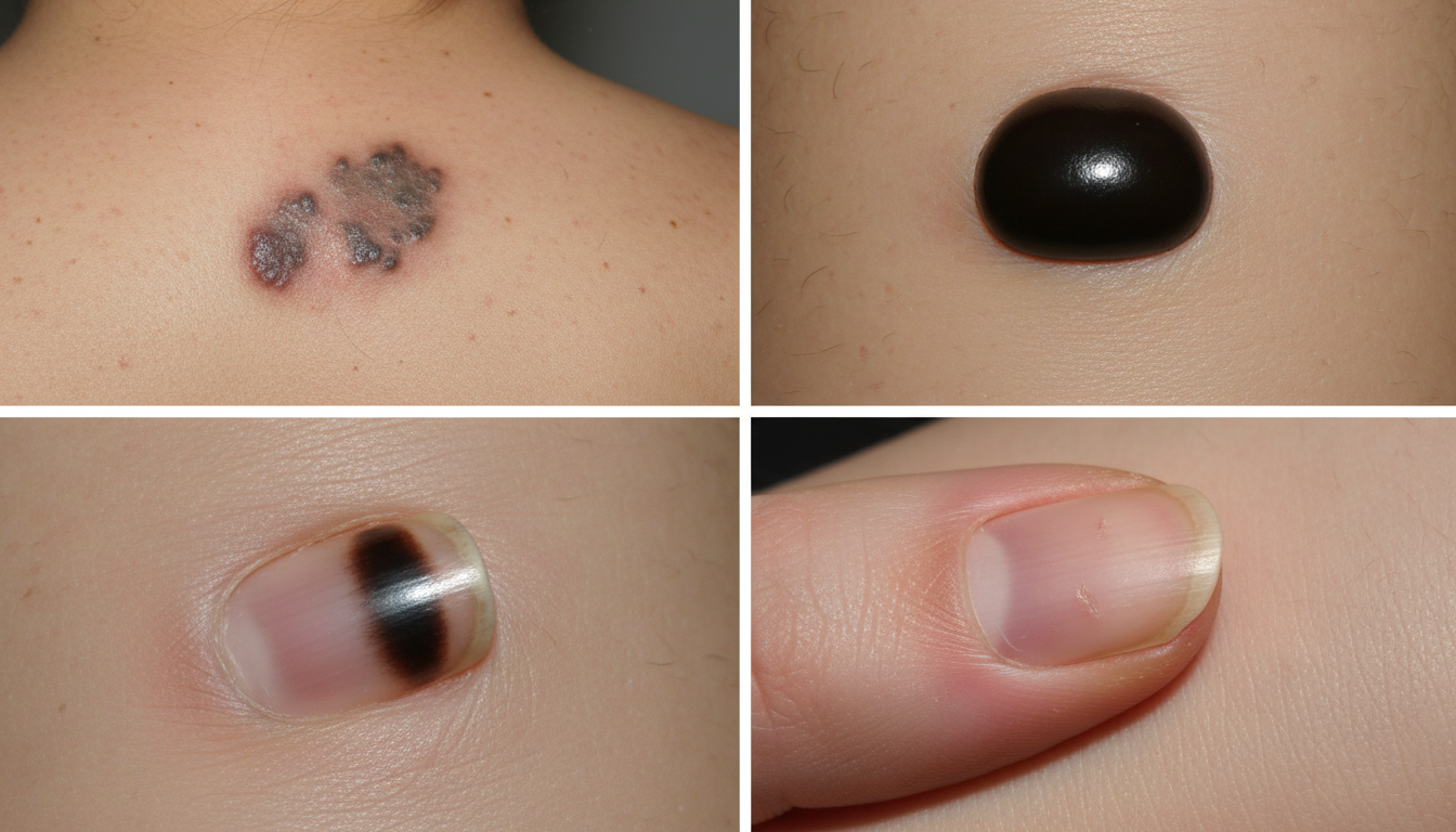 흑색종 다양한 유형인 표재확산형, 결절성, 말단흑자흑색종, 무색소성 흑색종의 임상 사진 모음