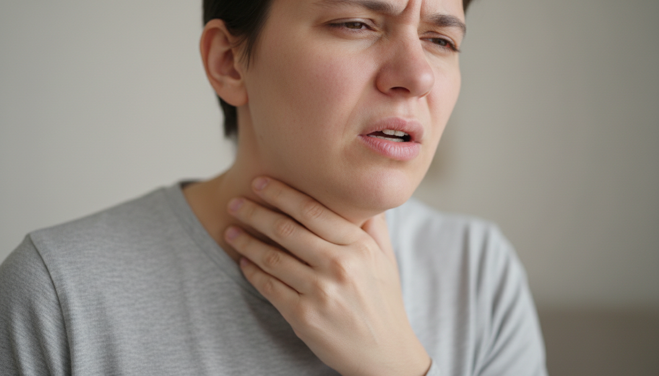 목 통증과 지속적인 마른기침으로 목을 만지고 있는 사람 모습
