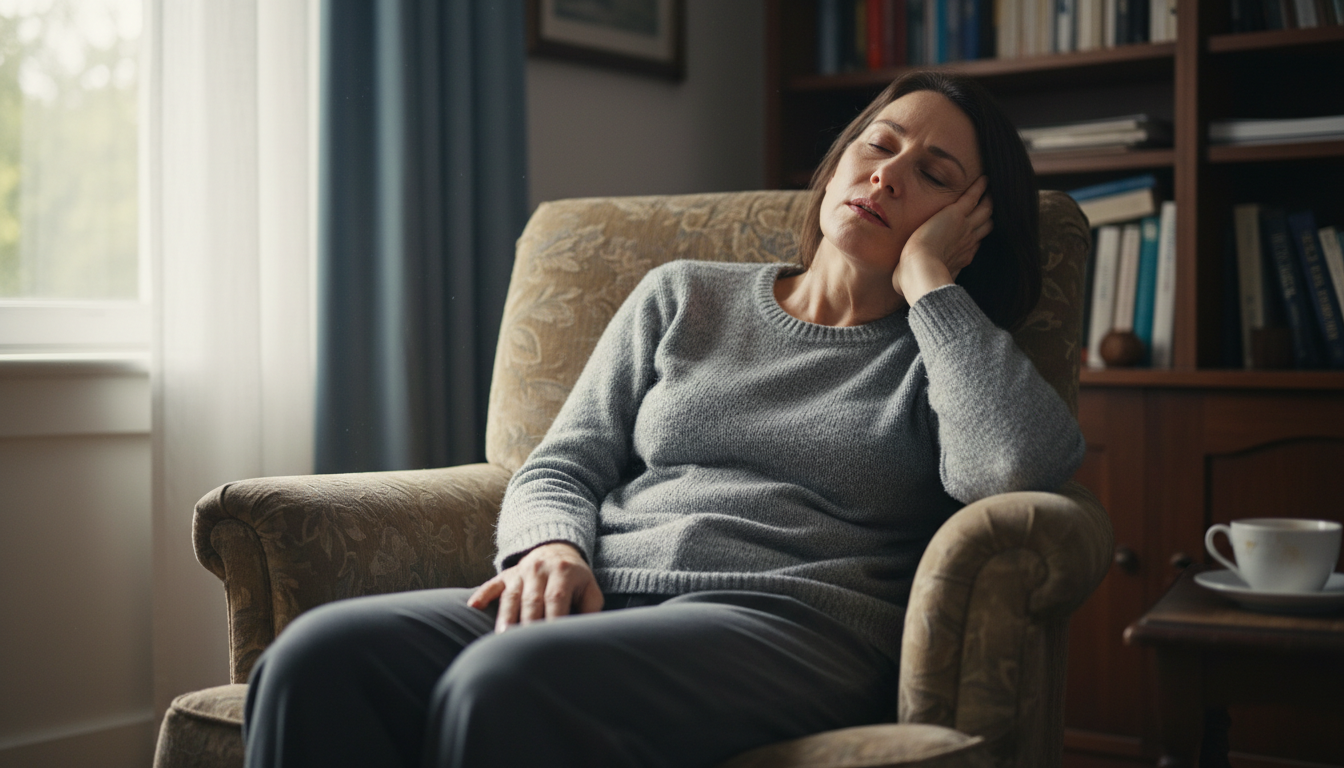원인 불명의 극심한 피로감과 무기력증을 느끼는 중년 사람