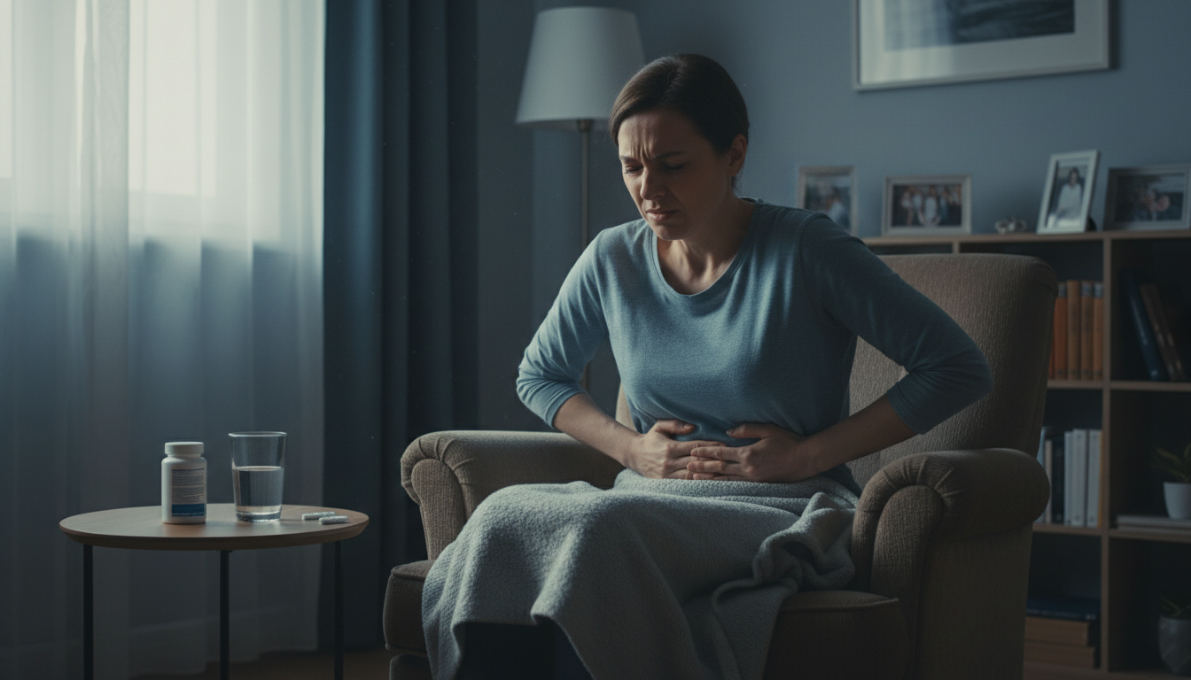 원인 모를 상복부 통증으로 고통스러워하는 중장년층의 모습