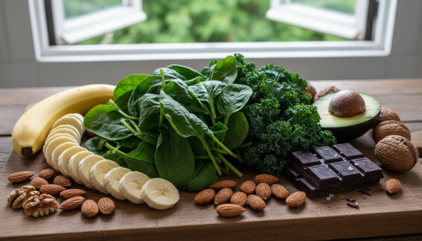 마그네슘이 풍부한 건강식품들이 나무 테이블 위에 자연광 아래 신선하게 놓여있는 모습