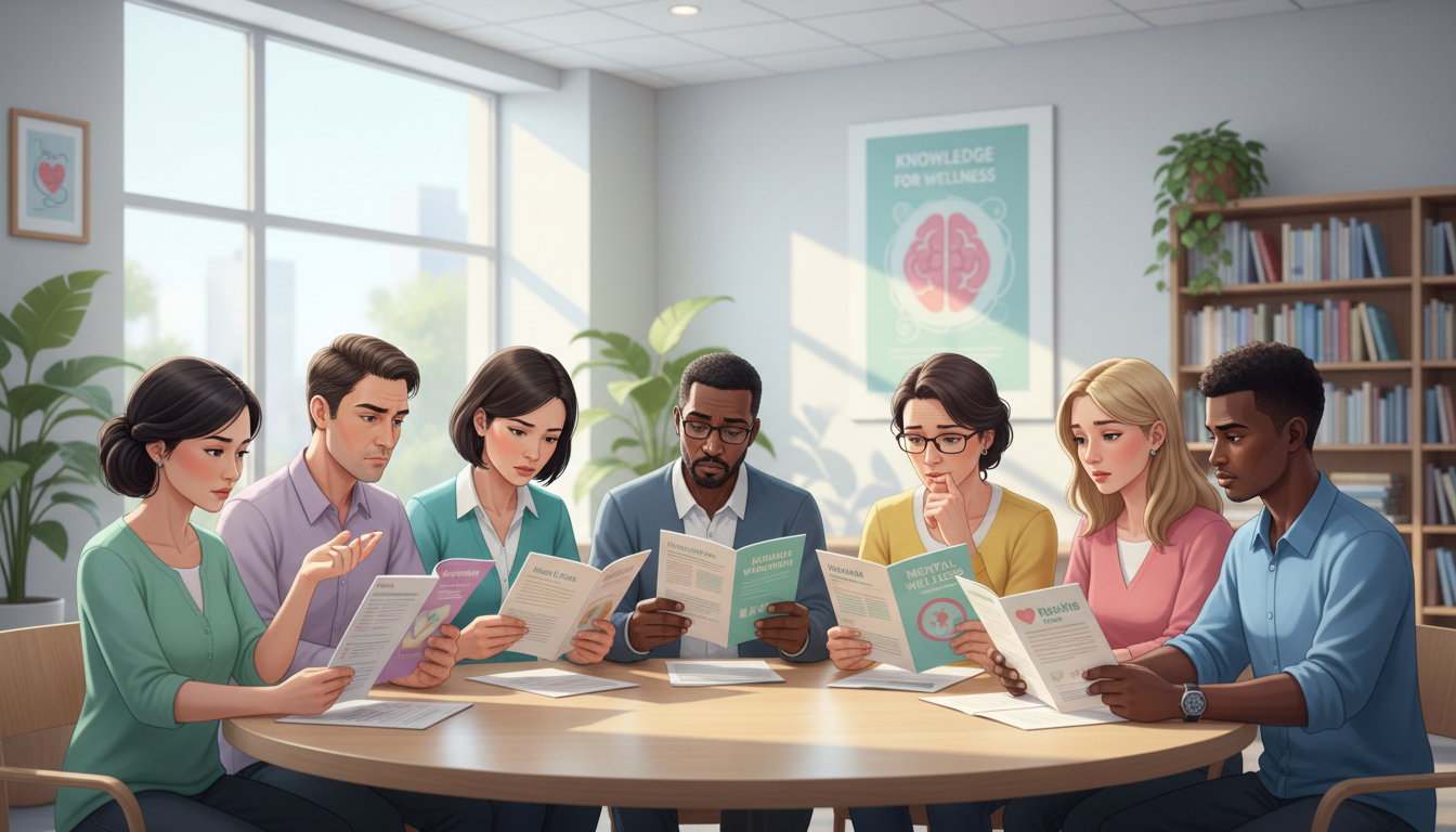 성병 전염 경로 오해에 대해 정보를 얻고 토론하는 다양한 사람들이 포함된 병원이나 도서관 같은 차분한 환경의 사진