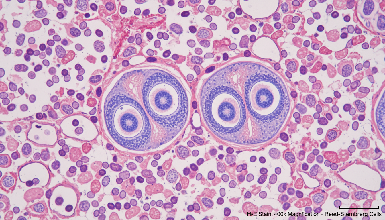 호지킨 림프종에서 관찰되는 리드-스턴버그 세포의 현미경 이미지