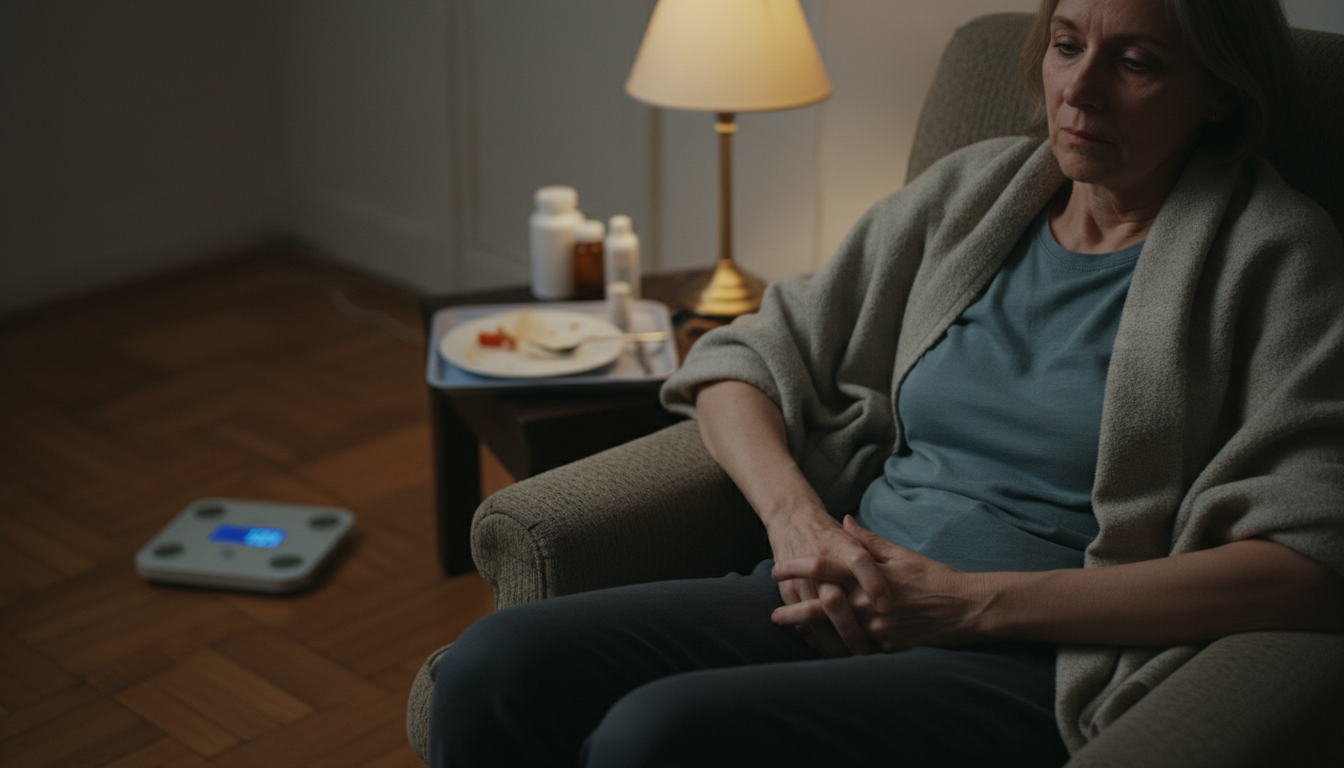 체중 감소와 극심한 피로감을 표현하는 중년 인물의 실내 이미지