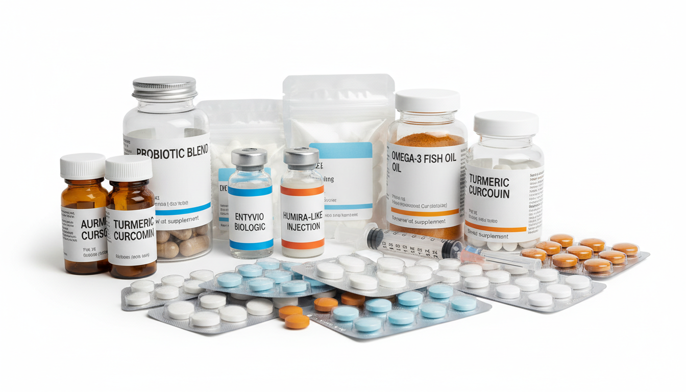 염증성 장질환 치료에 사용되는 약물과 생물학적 제제의 사진적 이미지