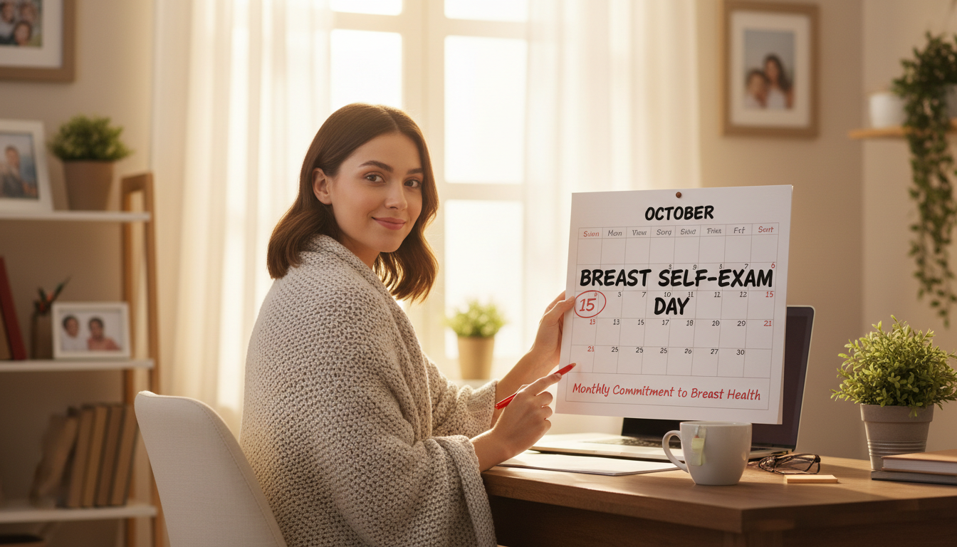 젊은 여성이 집에서 달력에 유방 자가진단의 날을 표시하는 모습