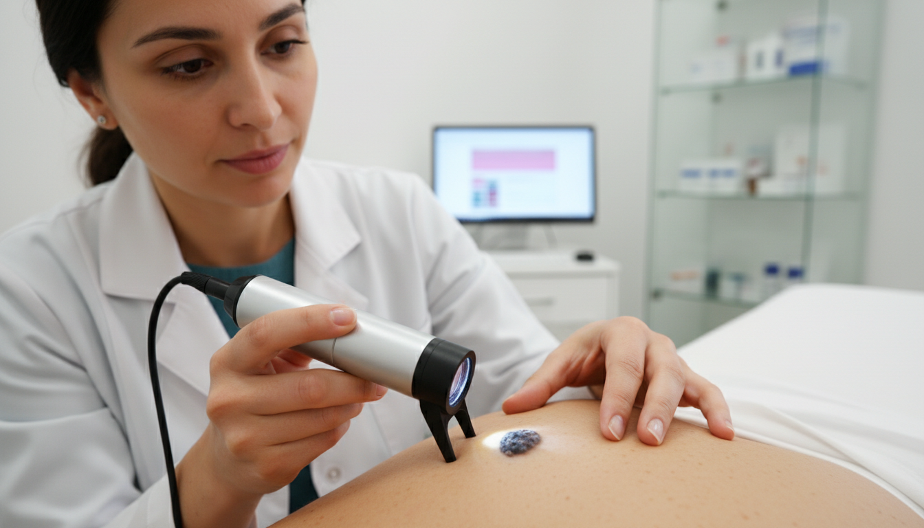 피부과 전문의가 더모스코피 장비로 의심되는 점을 검사하는 모습의 현실적인 클리닉 사진