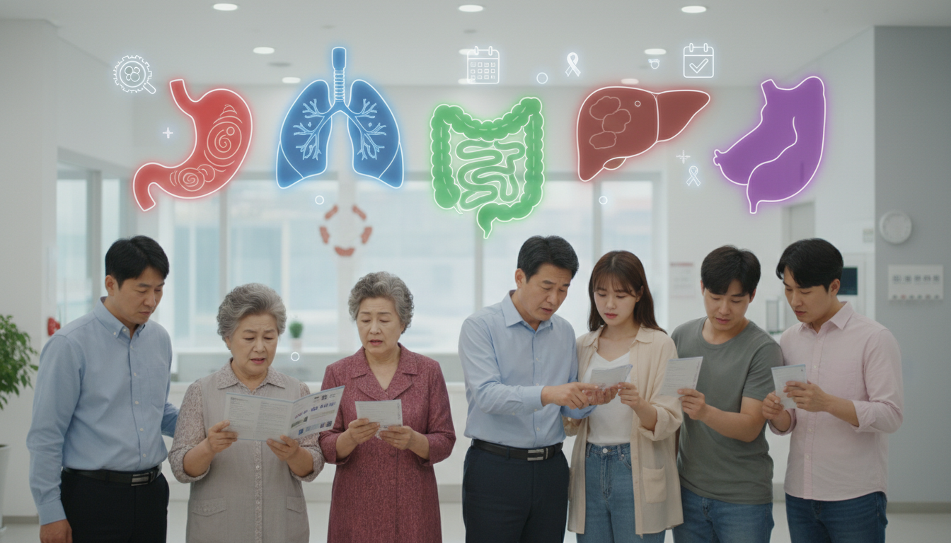 한국인 다양한 연령대 사람들이 자신의 건강을 주의 깊게 살피는 모습과 배경에 5대 암 종류의 상징적 이미지
