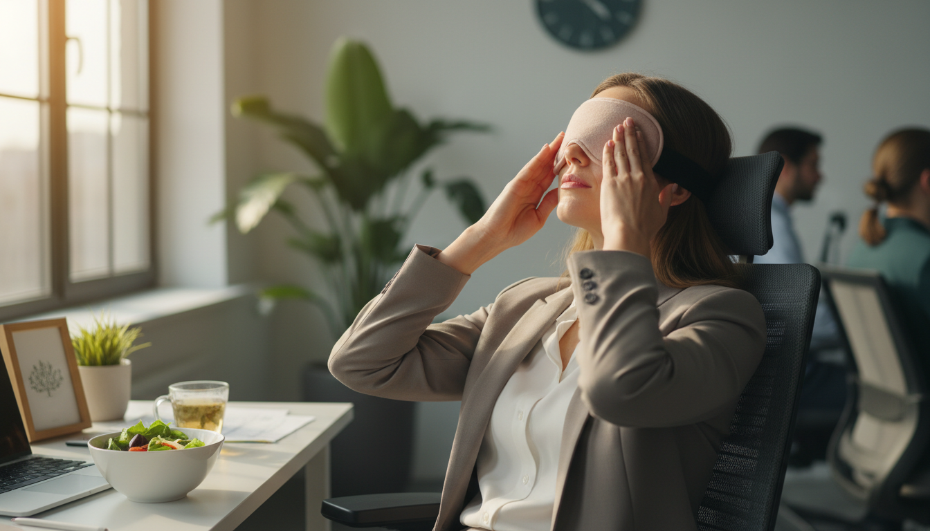 사무실에서 온찜질하며 눈 운동으로 눈의 피로를 푸는 직장인 모습