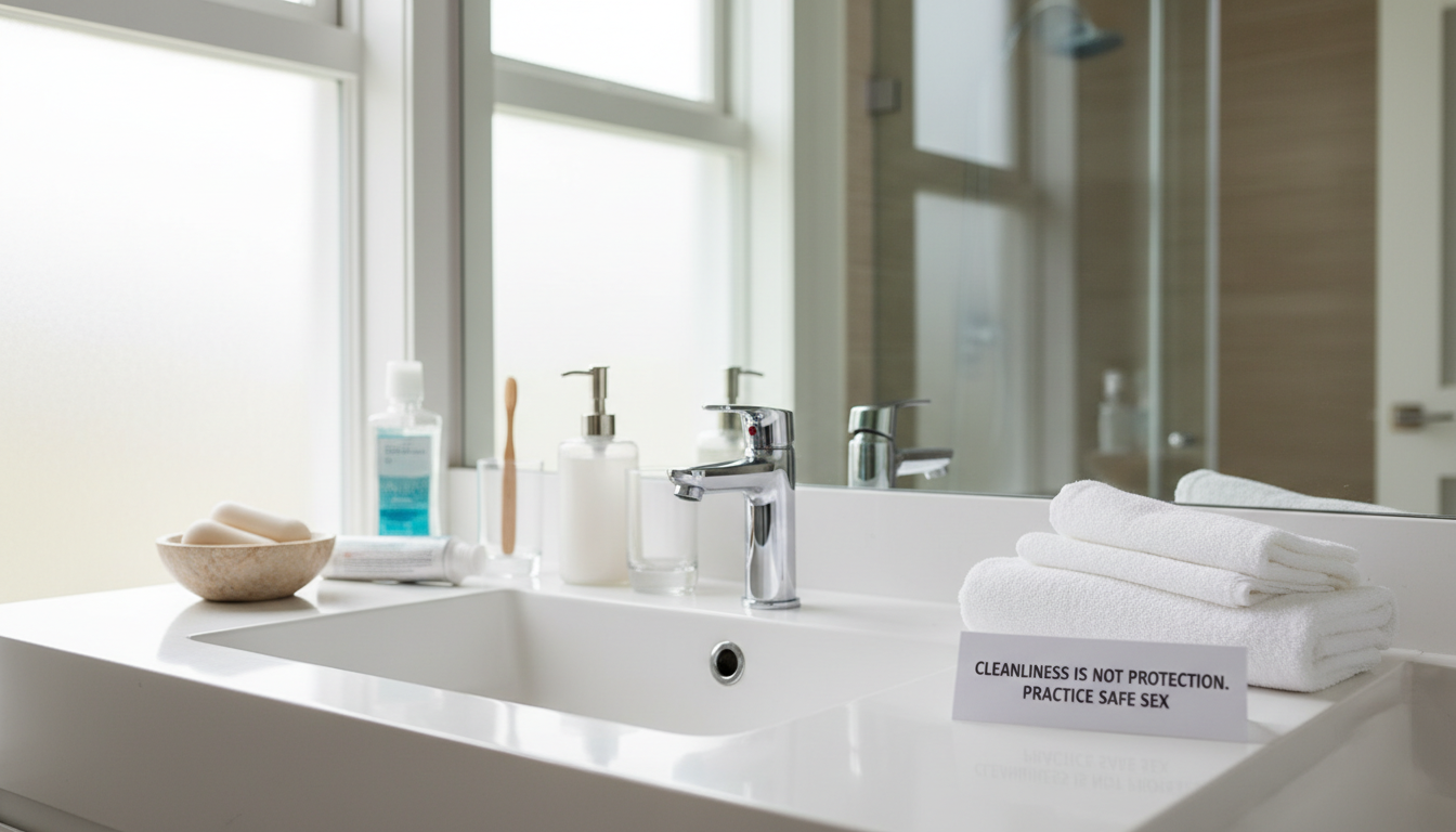 성병과 위생과의 직접적 관련이 적다는 것을 강조하는 깨끗한 손 씻기 시설과 개인 위생용품 이미지