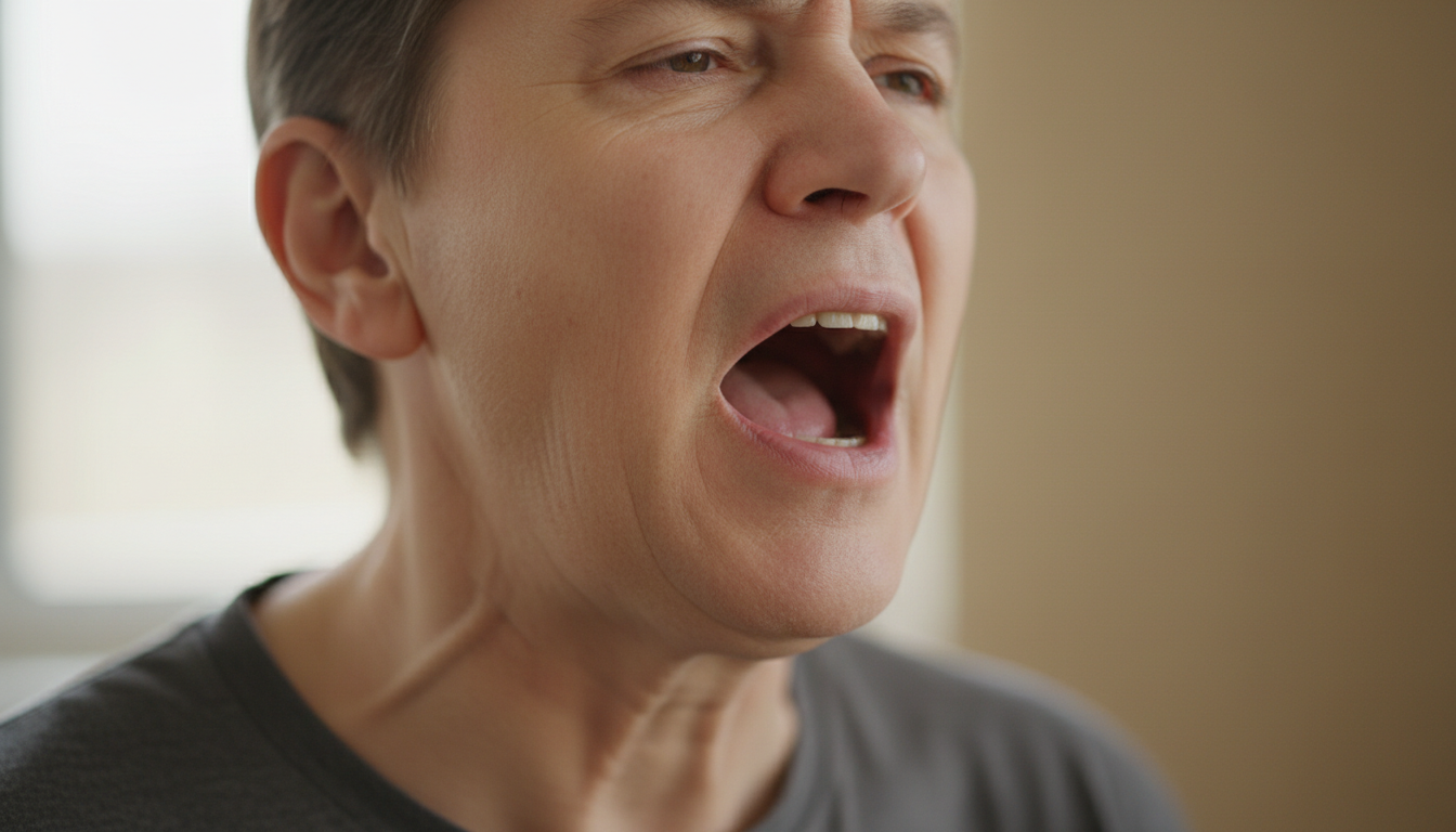 목소리가 쉬고 갈라진 표정을 짓고 있는 중년 여성의 모습
