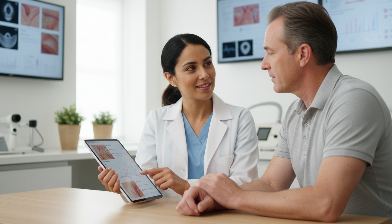 치료 후 재발 방지와 건강 관리를 위해 상담하는 의사와 환자 모습