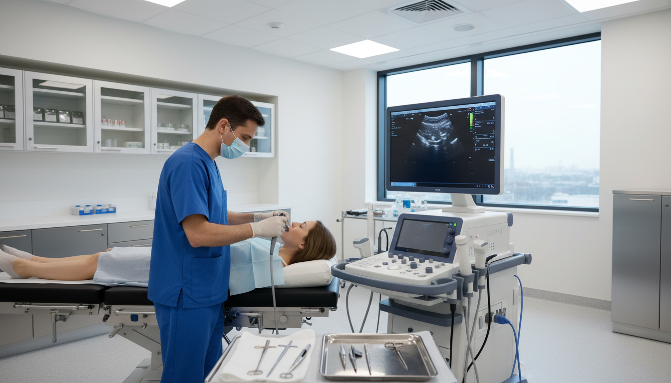 내시경 초음파 검사를 받고 있는 환자와 의료진의 모습