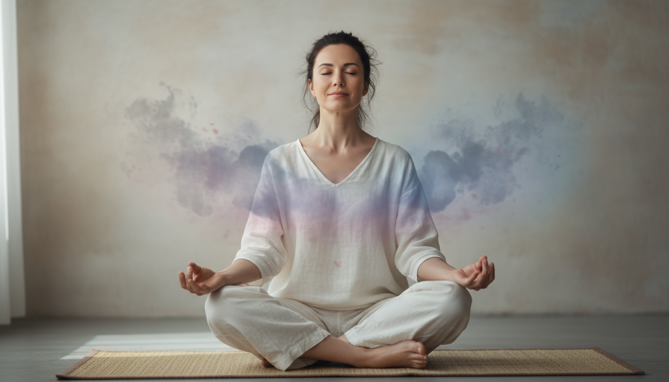 심호흡 명상으로 스트레스를 관리하는 평화로운 여성의 모습