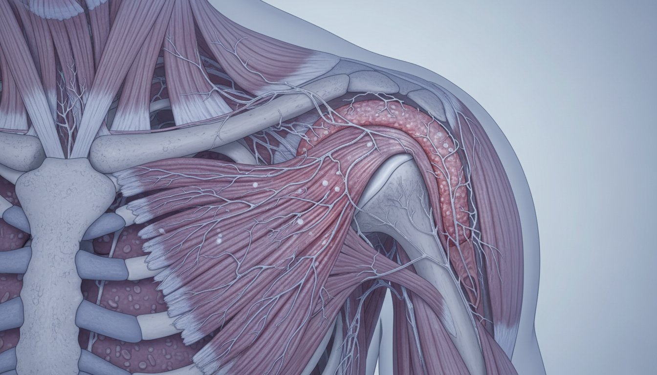 어깨 관절과 염증이 생긴 관절낭을 상세히 보여주는 실사 스타일의 어깨 해부학 이미지