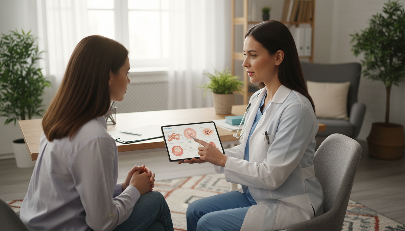 여성 의사가 따뜻한 상담실에서 젊은 여성 환자에게 증상과 진단을 설명하는 모습