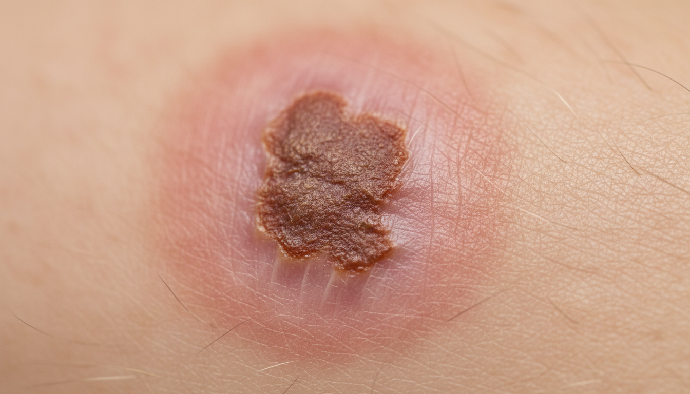 피부암 치료 후 딱지가 생기고 붉은기가 있는 치유 중인 피부 모습