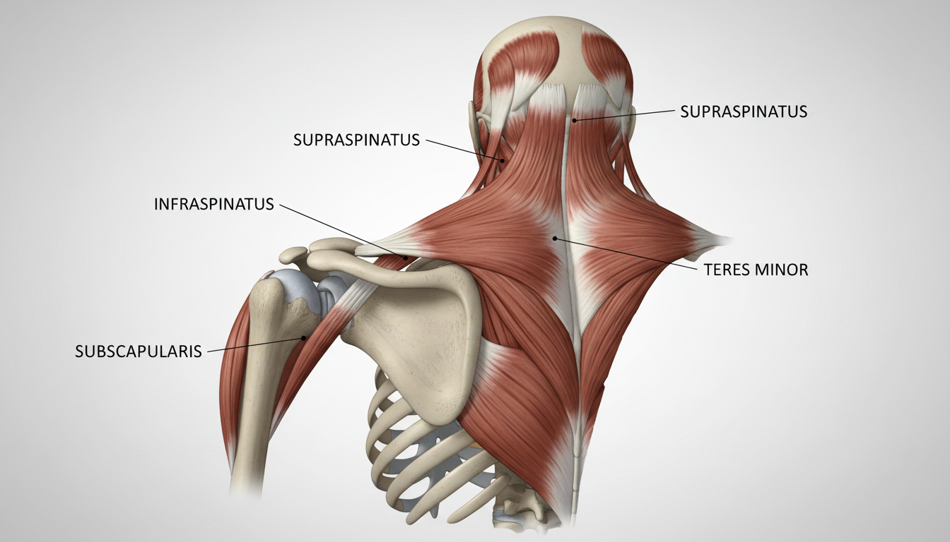 어깨 관절과 회전근개 근육과 힘줄을 보여주는 상세한 해부학적 일러스트레이션