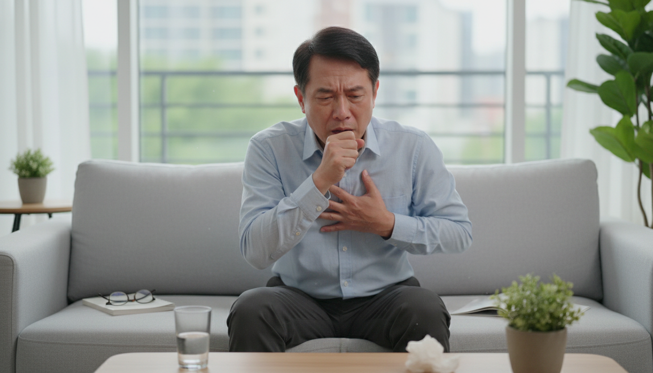 폐암 초기 증상을 나타내는 기침과 호흡곤란을 겪는 중년 남성의 실사 이미지