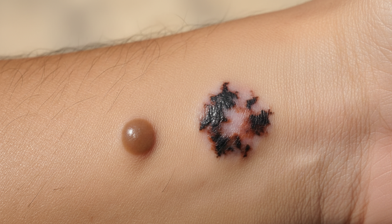 건강한 일반 점과 위험한 피부암 의심 점을 비교하여 보여주는 팔 피부의 클로즈업 사진