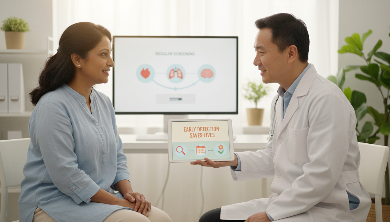 중년 환자가 병원에서 의사와 상담하며 정기 검진과 조기 진단의 중요성을 느끼는 따뜻한 분위기의 이미지