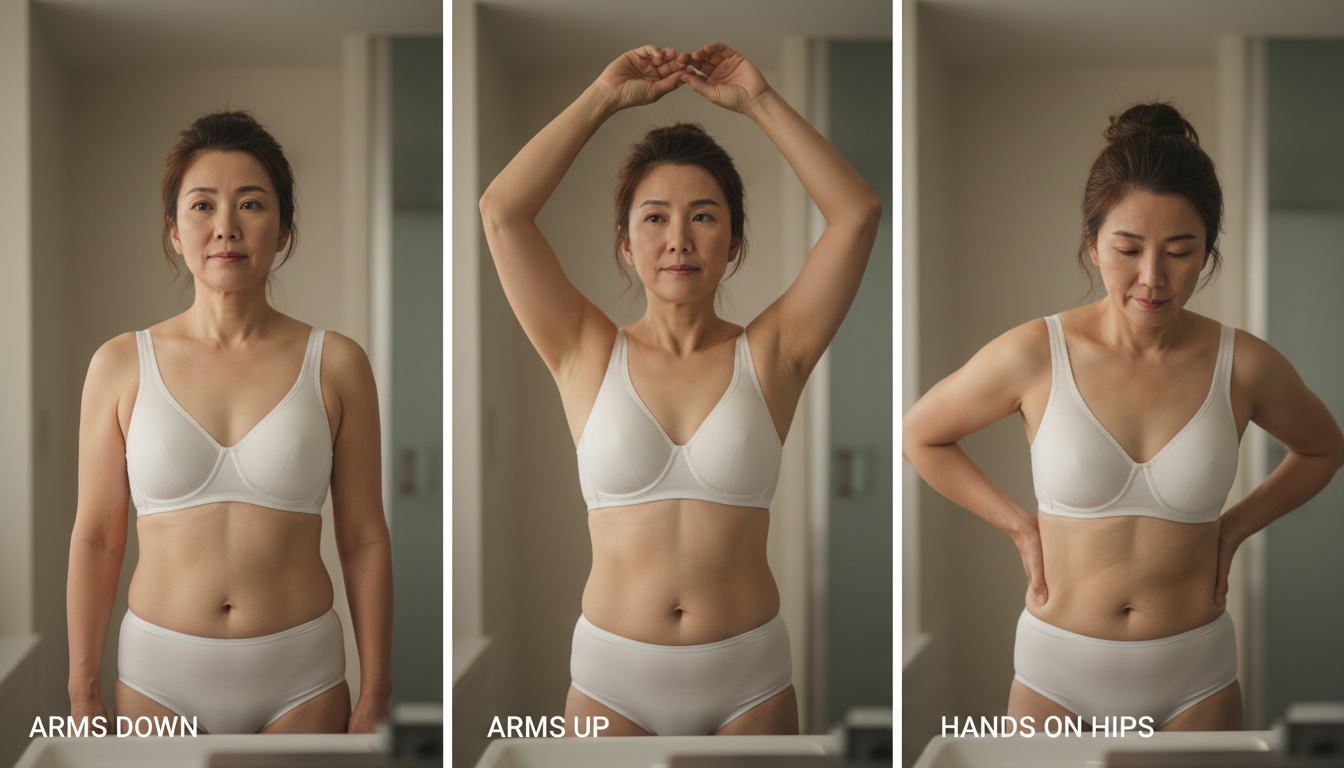 여성이 거울 앞에서 세 가지 자세로 유방 변화를 관찰하는 모습