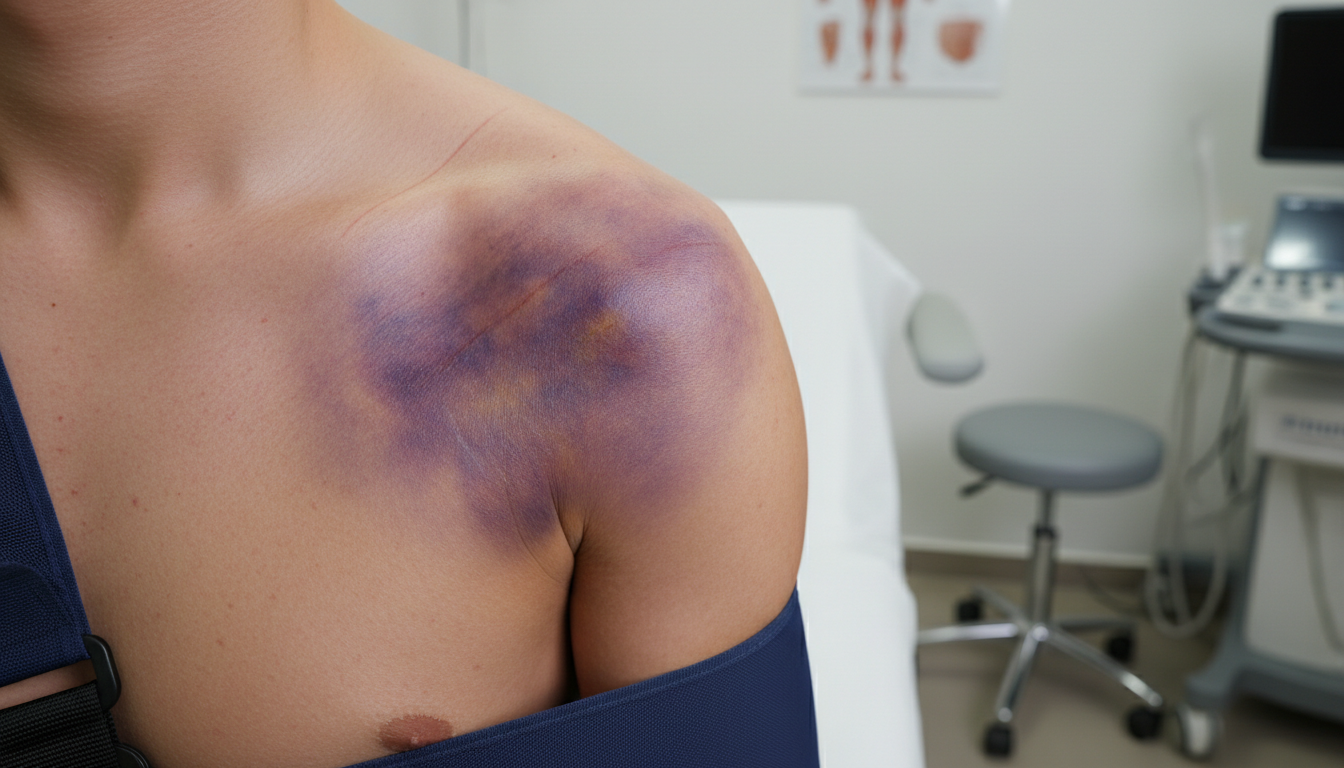 외부 충격과 과사용으로 부상당한 젊은 성인의 어깨 이미지