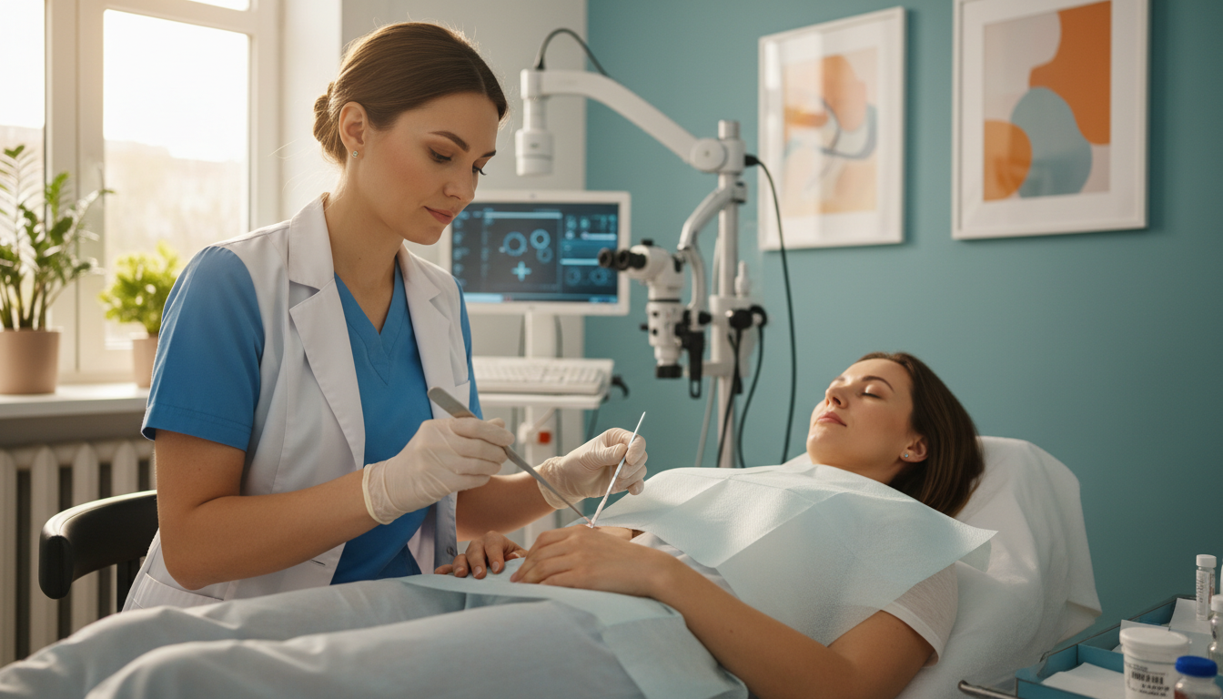 현대 산부인과에서 자궁경부암 검진을 받고 있는 여성 환자