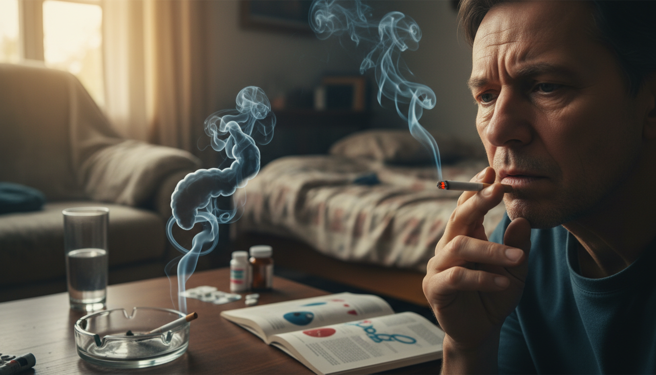 흡연의 위험성을 상징하는 담배와 흡연하는 중장년층 모습