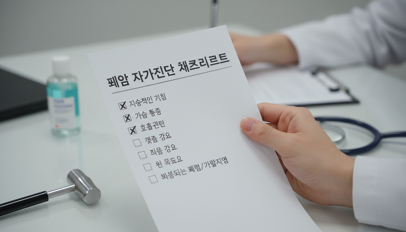 폐암 자가진단 체크리스트를 들고 있는 손과 임상 환경의 이미지