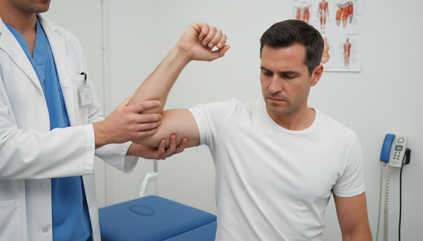 빈 캔 테스트를 받는 환자가 팔을 저항하며 검사하는 장면