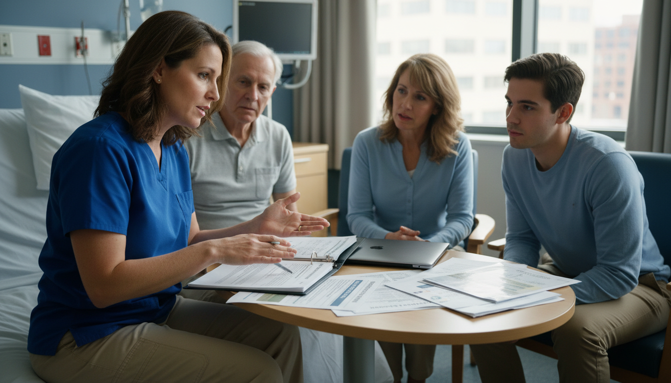 병원 사회사업팀에서 경제적 지원 상담을 하는 장면