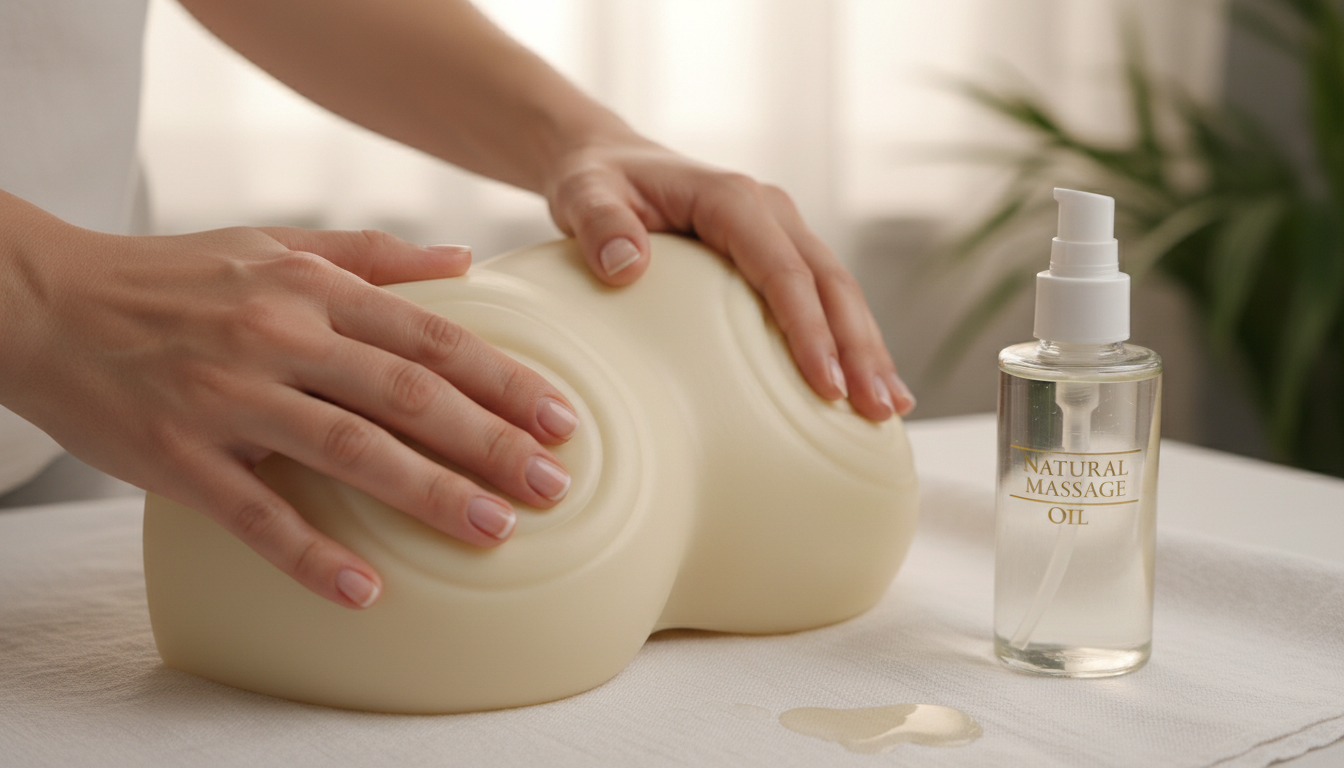 손가락을 사용해 원을 그리며 부드러운 유방 조직을 촉진하는 모습