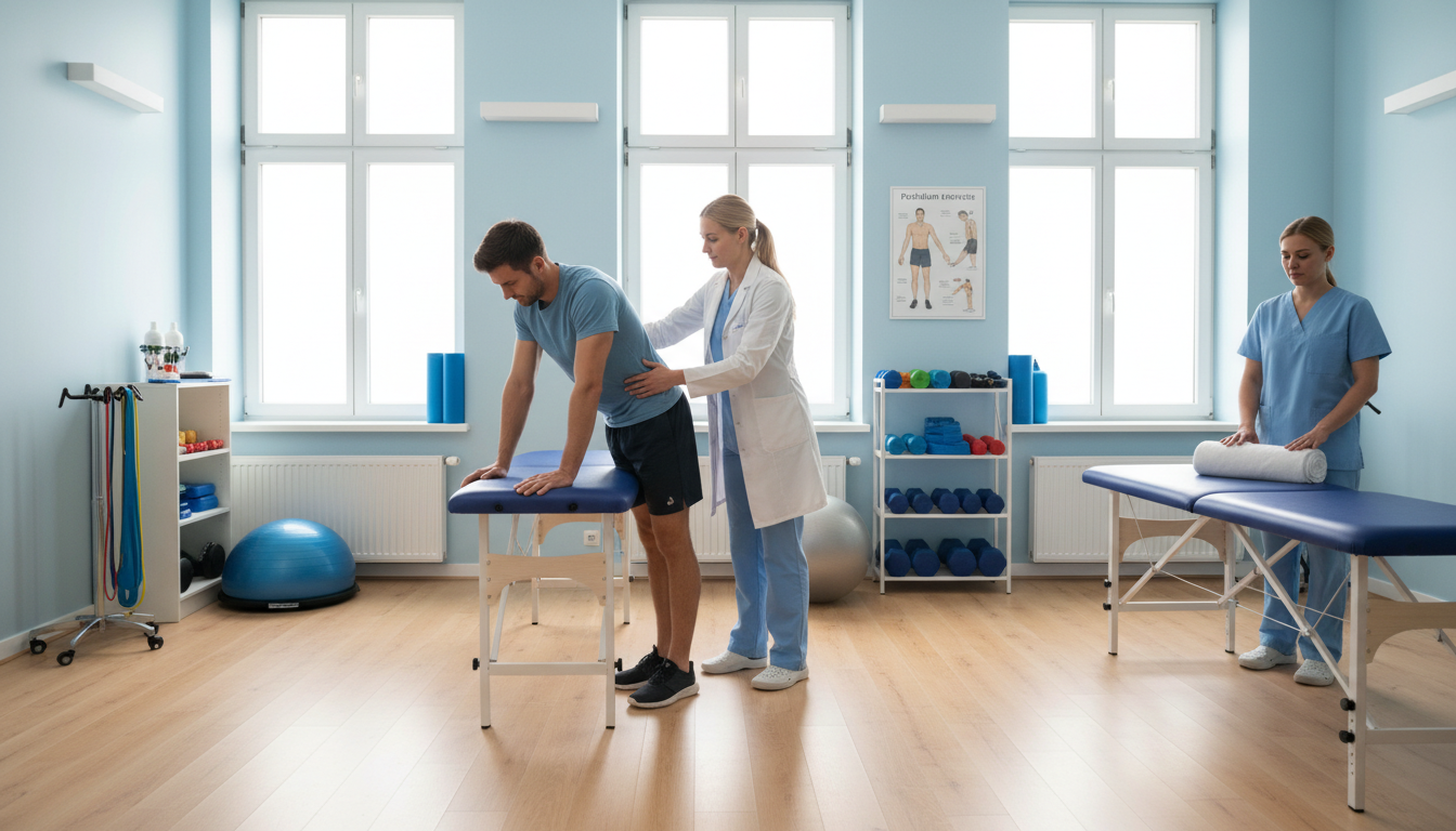 물리치료사가 환자에게 시계추 운동과 수건 스트레칭을 지도하는 밝고 청결한 병원 치료실 장면