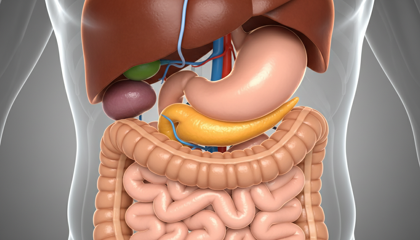 인체 내부에서 위와 장 뒤에 위치한 췌장의 해부학적 위치를 보여주는 의료 일러스트