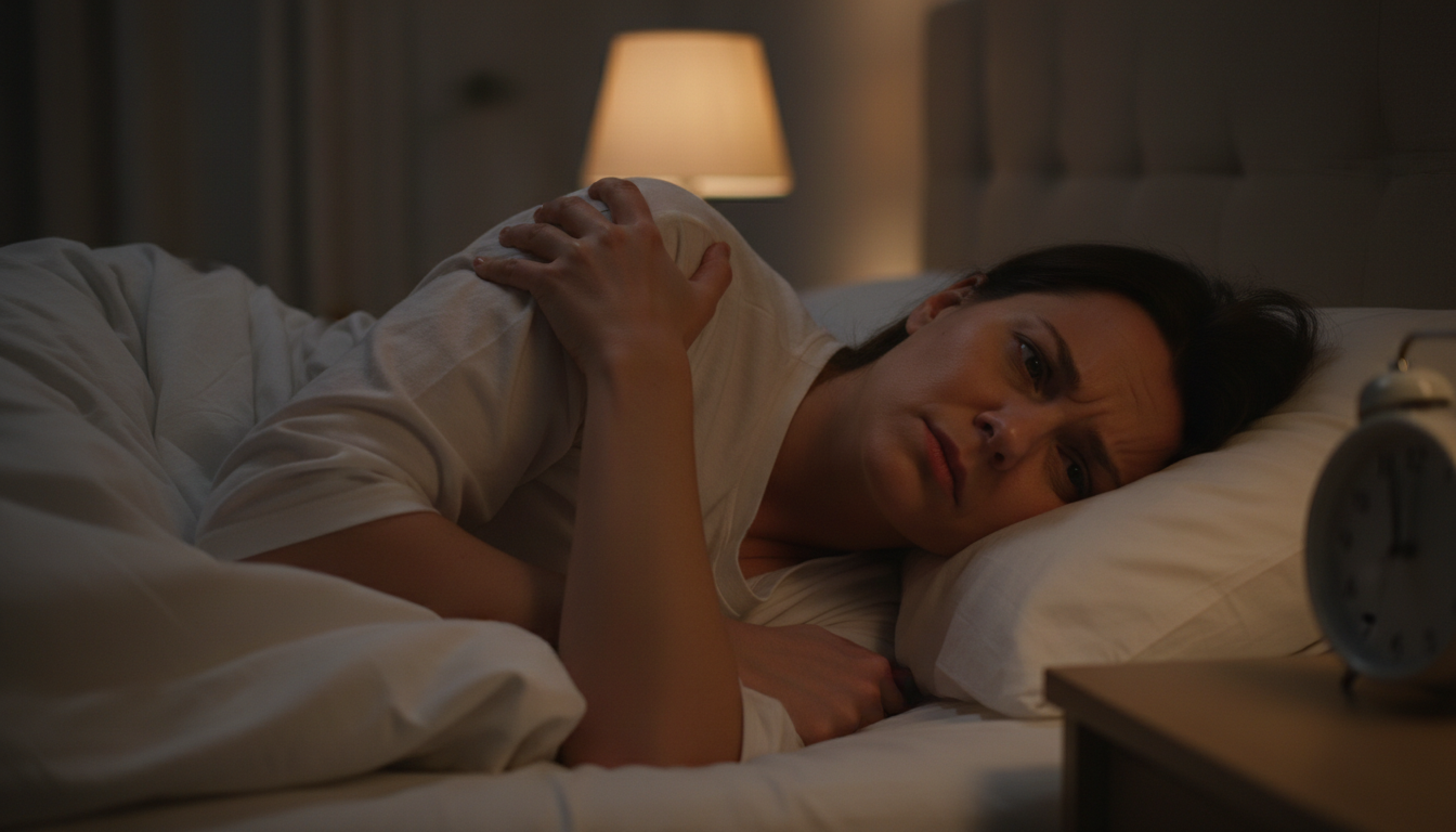 야간 통증으로 잠못 이루는 환자가 어깨를 잡고 있는 모습