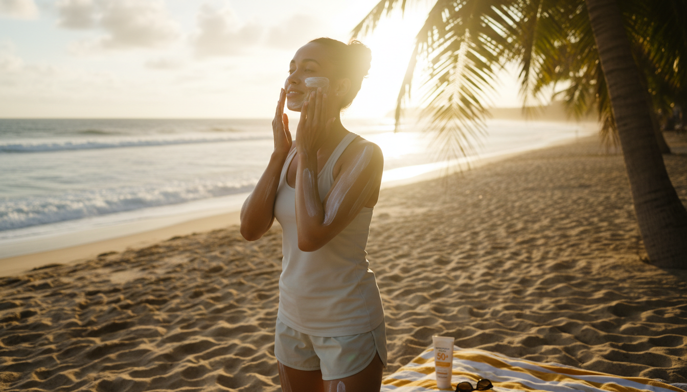 야외 활동 전 얼굴과 목, 팔, 다리 등 노출 부위에 자외선 차단제를 바르는 사진