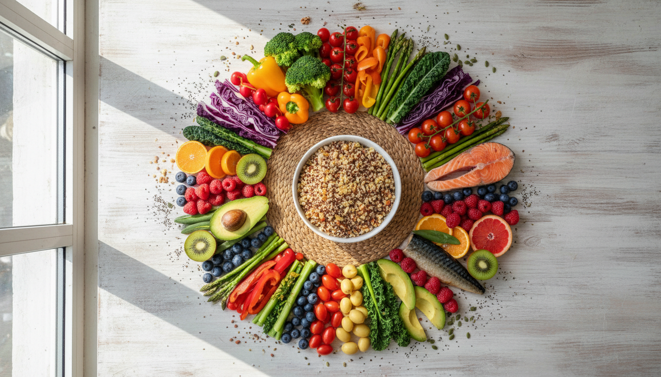 통곡물, 채소, 과일, 등푸른생선을 포함한 건강한 식단을 보여주는 음식 사진