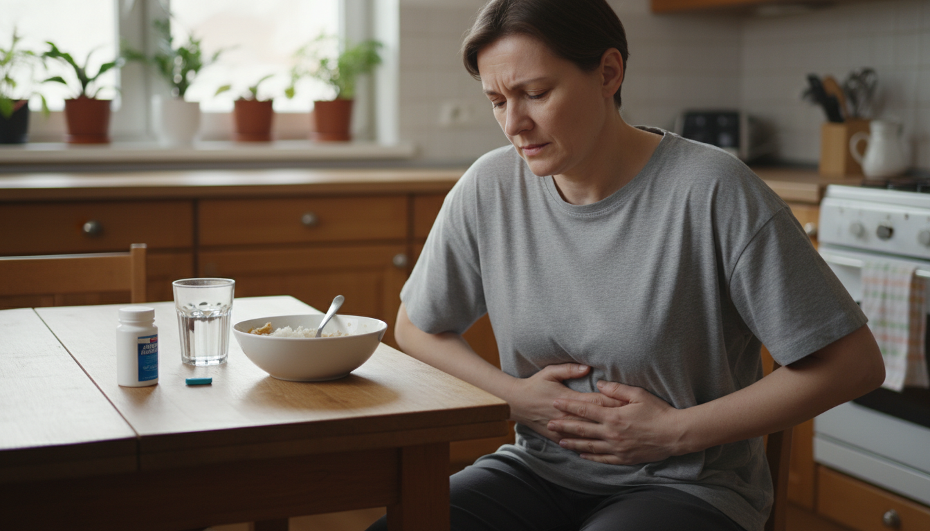 주방이나 식사 공간에서 소화 불량과 속 불편감을 겪는 모습