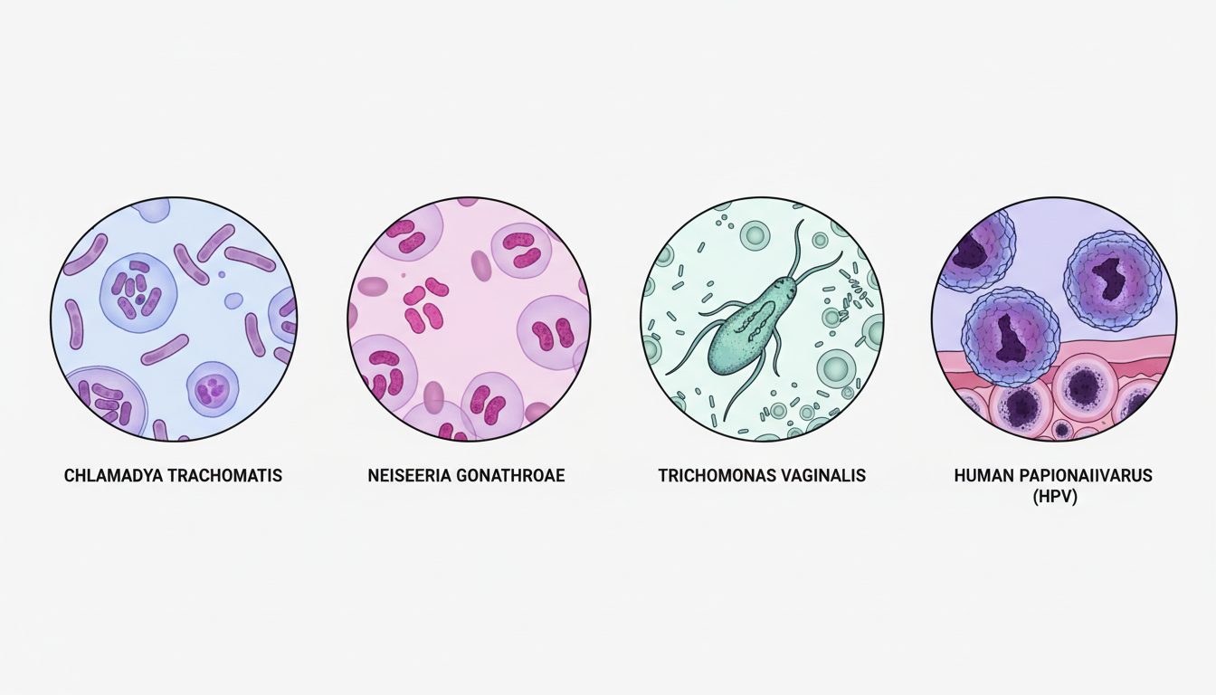 클라미디아, 임질, 트리코모나스, HPV 원인균의 현미경 이미지 의학 일러스트