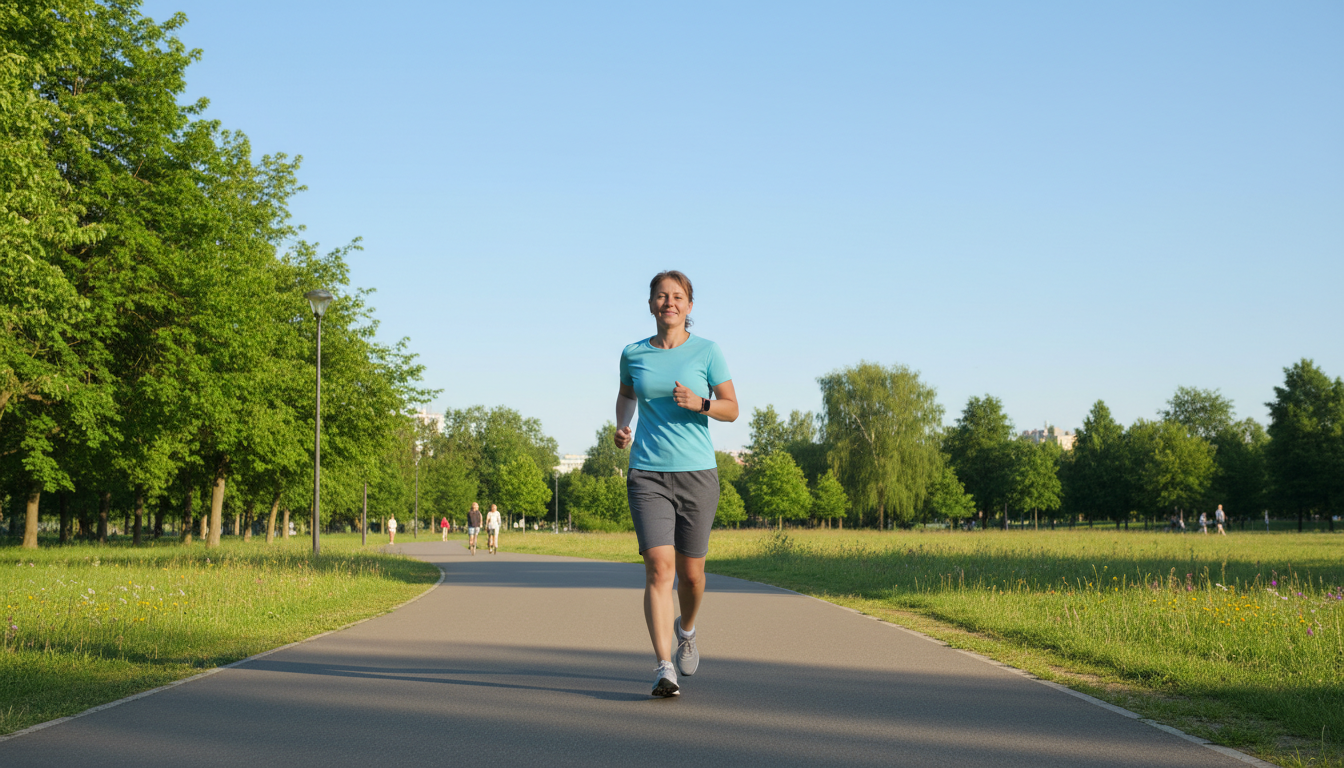 중장년층이 공원에서 가벼운 운동을 하며 건강한 모습을 보여주는 모습